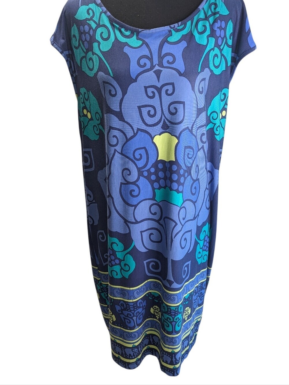 Tori Richard Honolulu  Blue, Teal & Yellow Midi Dress Beachy Holiday Summer XL